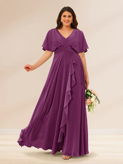 A-Line/Princess V-Neck Short Sleeves Plus Size Bridesmaid Dresses with Pockets