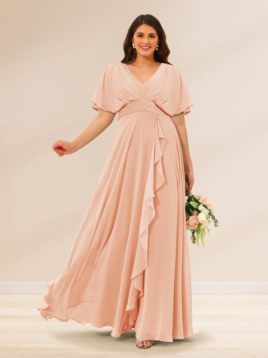 A-Line/Princess V-Neck Short Sleeves Plus Size Bridesmaid Dresses with Pockets