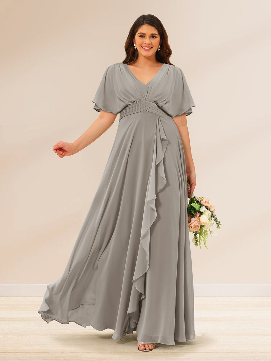 A-Line/Princess V-Neck Short Sleeves Plus Size Bridesmaid Dresses with Pockets