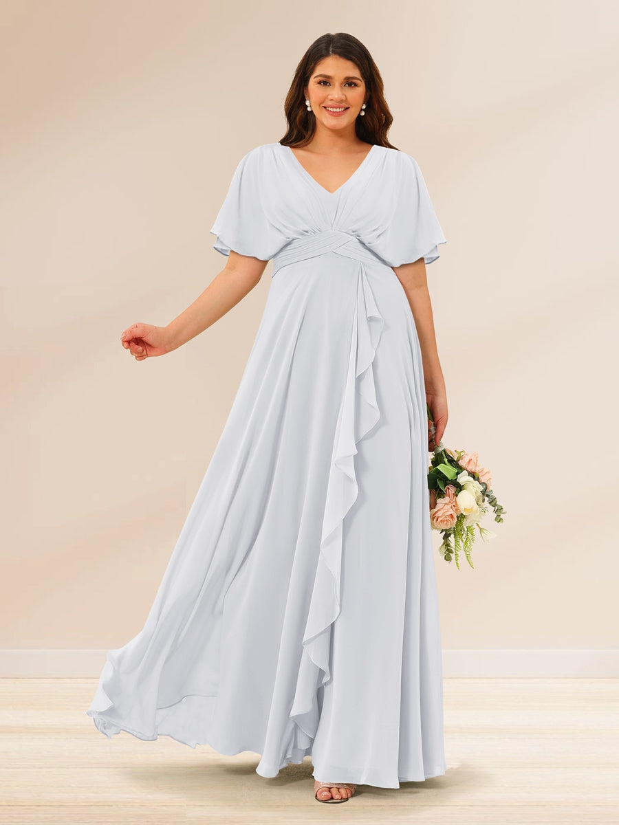 A-Line/Princess V-Neck Short Sleeves Plus Size Bridesmaid Dresses with Pockets