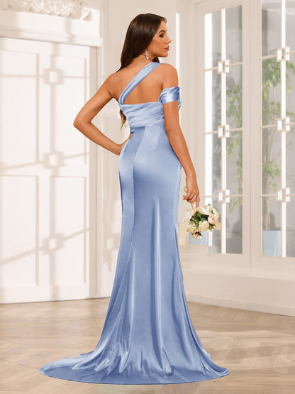 Sheath/Column One-Shoulder Long Formal Bridesmaid Dresses with Split Side