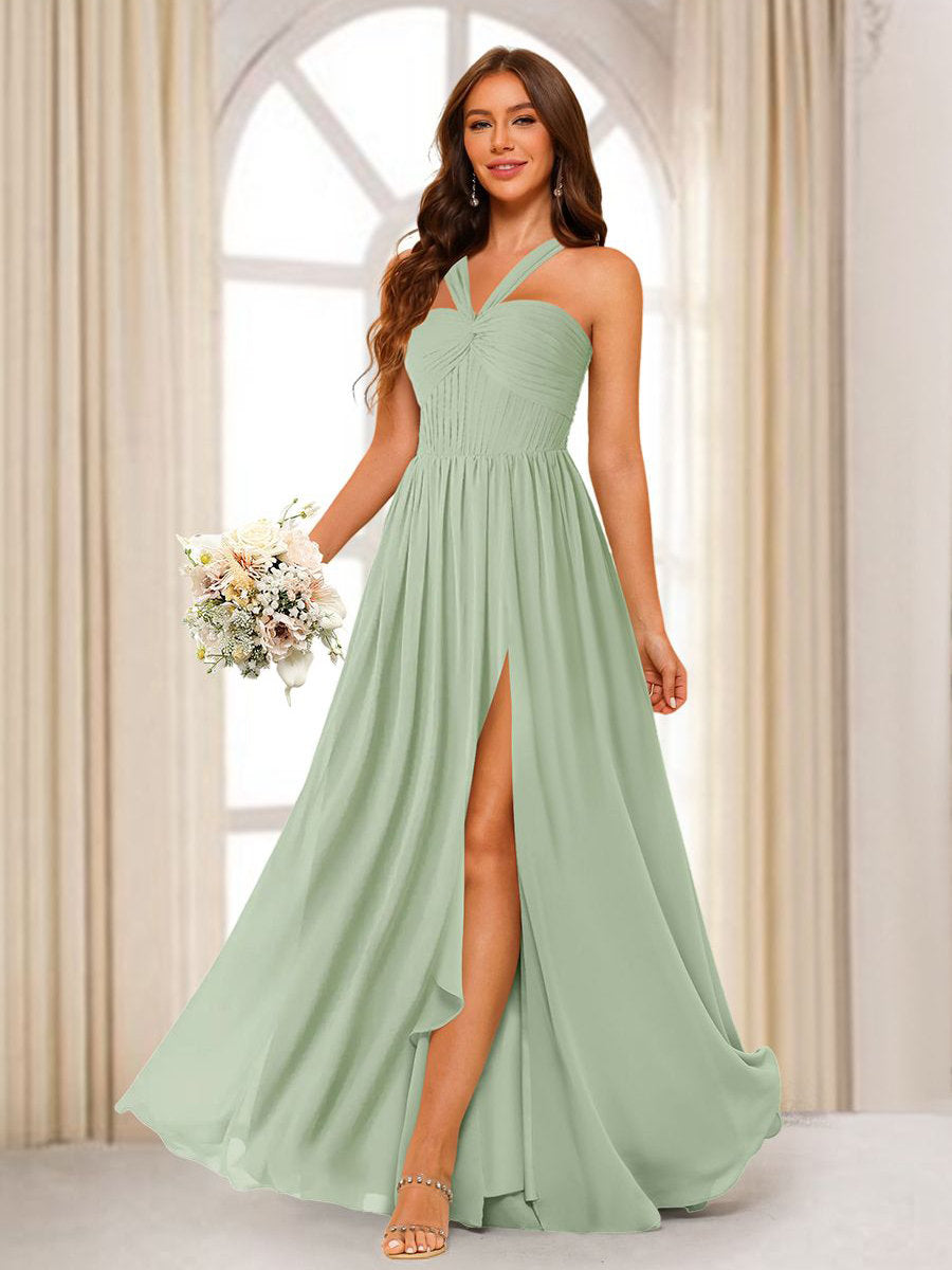 A-Line/Princess Halter Long Bridesmaid Dresses with Split Side