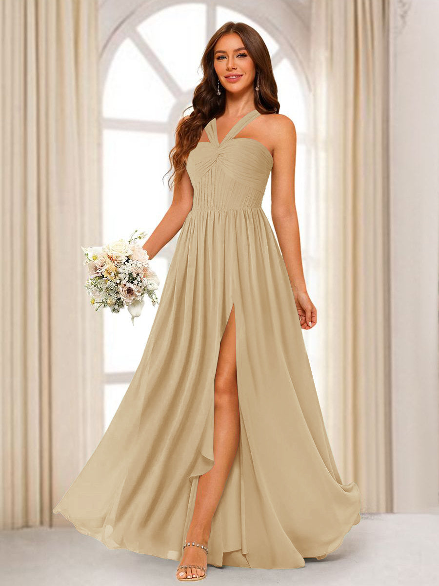 A-Line/Princess Halter Long Bridesmaid Dresses with Split Side