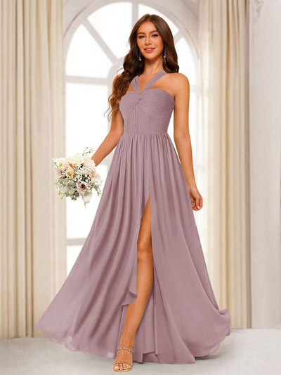 A-Line/Princess Halter Long Bridesmaid Dresses with Split Side