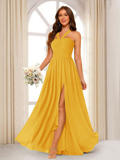 A-Line/Princess Halter Long Bridesmaid Dresses with Split Side