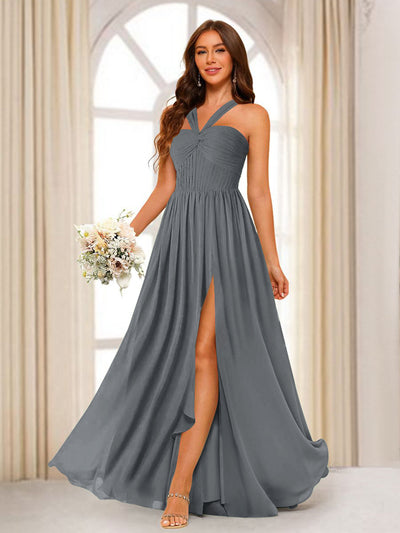 A-Line/Princess Halter Long Bridesmaid Dresses with Split Side