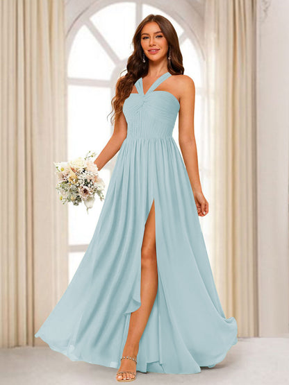 A-Line/Princess Halter Long Bridesmaid Dresses with Split Side