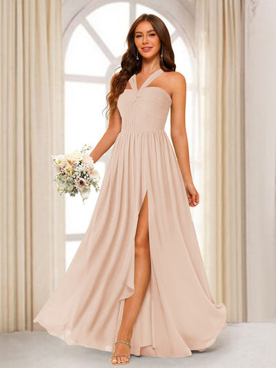 A-Line/Princess Halter Long Bridesmaid Dresses with Split Side