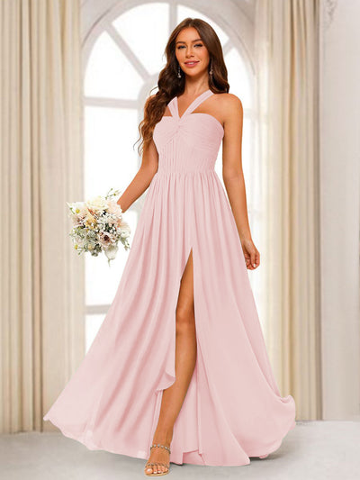 A-Line/Princess Halter Long Bridesmaid Dresses with Split Side