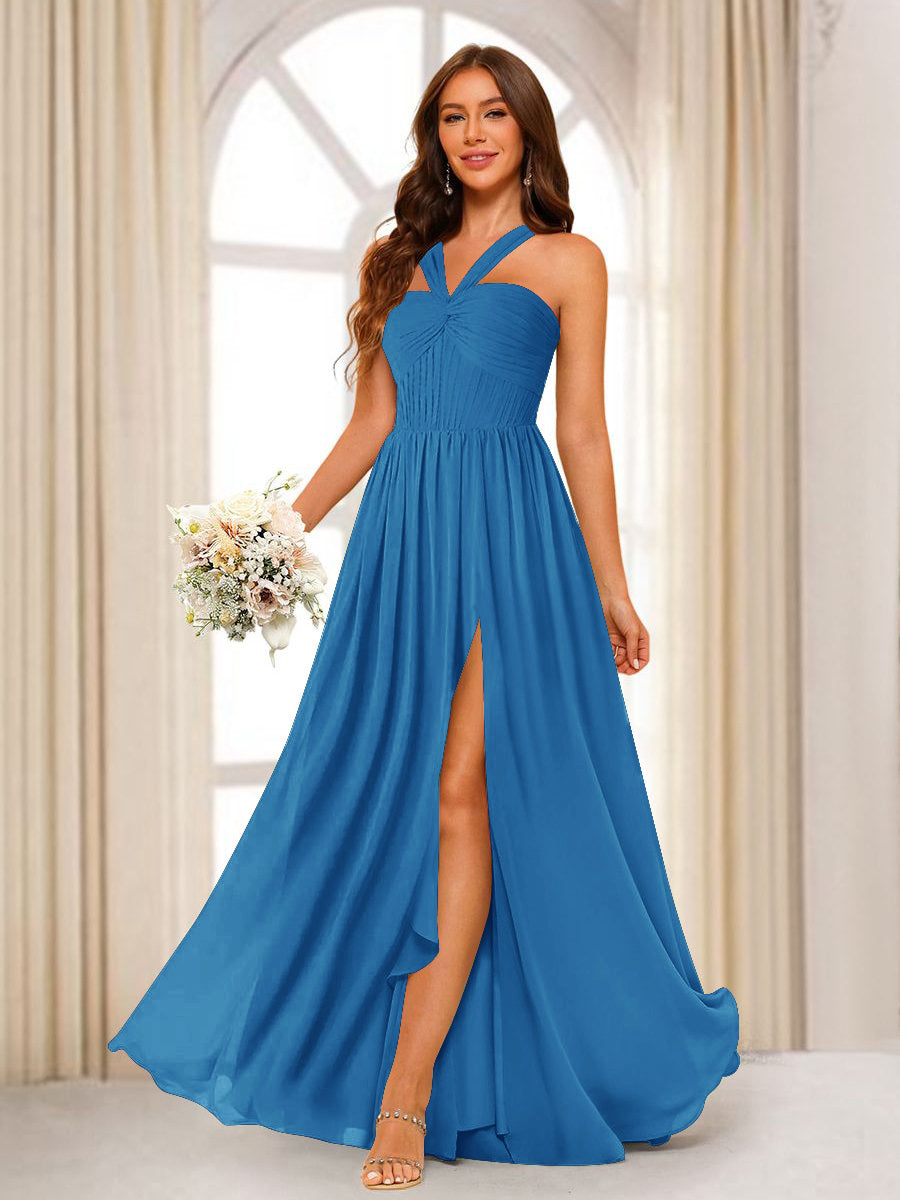 A-Line/Princess Halter Long Bridesmaid Dresses with Split Side