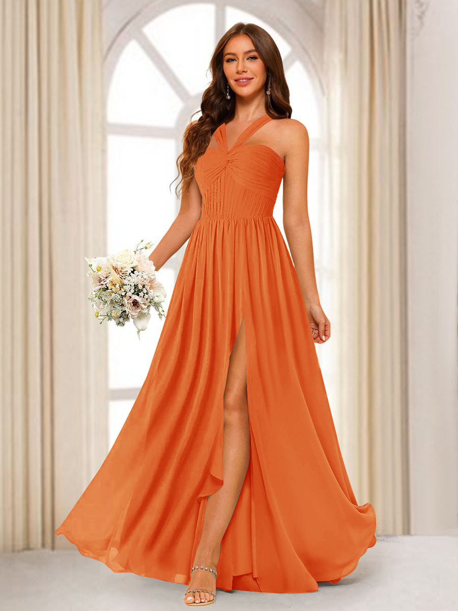 A-Line/Princess Halter Long Bridesmaid Dresses with Split Side