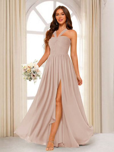 A-Line/Princess Halter Long Bridesmaid Dresses with Split Side