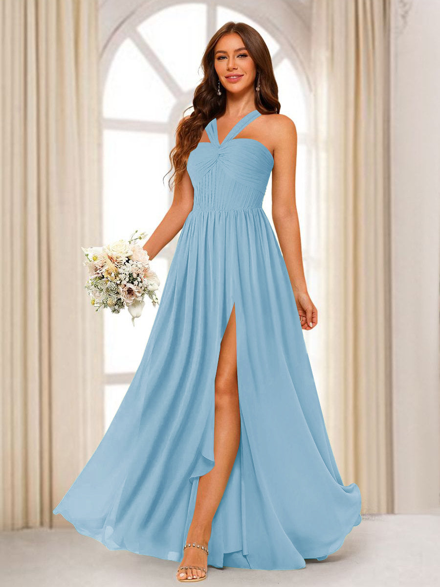 A-Line/Princess Halter Long Bridesmaid Dresses with Split Side