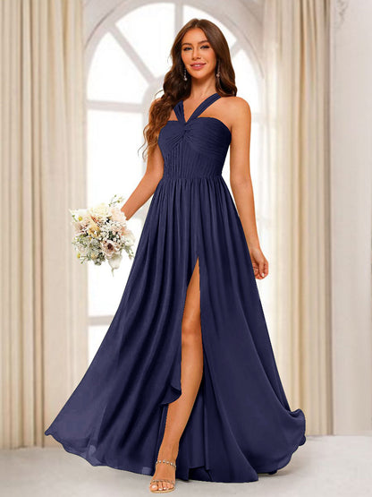 A-Line/Princess Halter Long Bridesmaid Dresses with Split Side