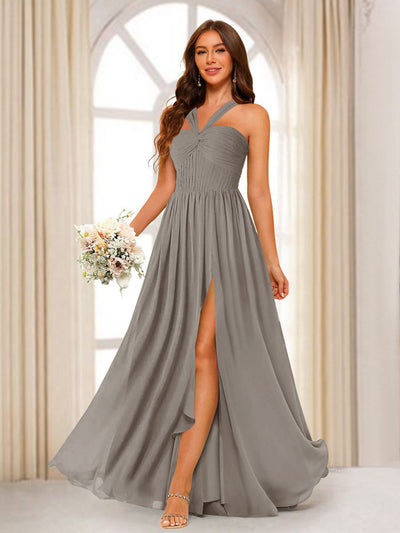 A-Line/Princess Halter Long Bridesmaid Dresses with Split Side