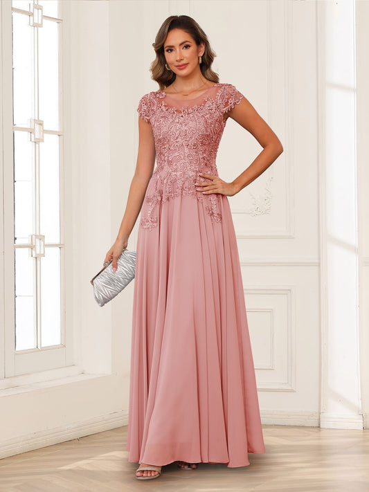 A-Line/Princess Scoop Short Sleeves Chiffon Mother of the Bride Dresses with Applique