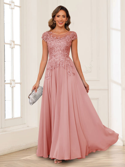 A-Line/Princess Scoop Short Sleeves Chiffon Mother of the Bride Dresses with Applique