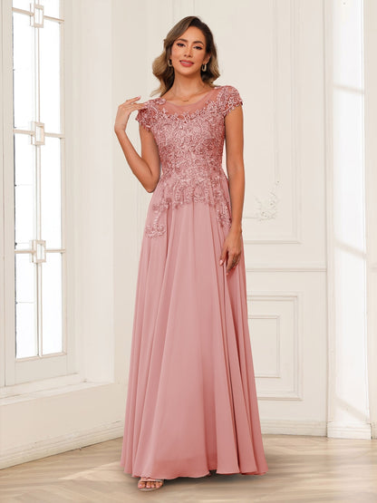 A-Line/Princess Scoop Short Sleeves Chiffon Mother of the Bride Dresses with Applique