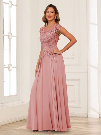 A-Line/Princess Scoop Short Sleeves Chiffon Mother of the Bride Dresses with Applique