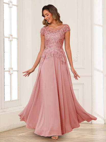 A-Line/Princess Scoop Short Sleeves Chiffon Mother of the Bride Dresses with Applique