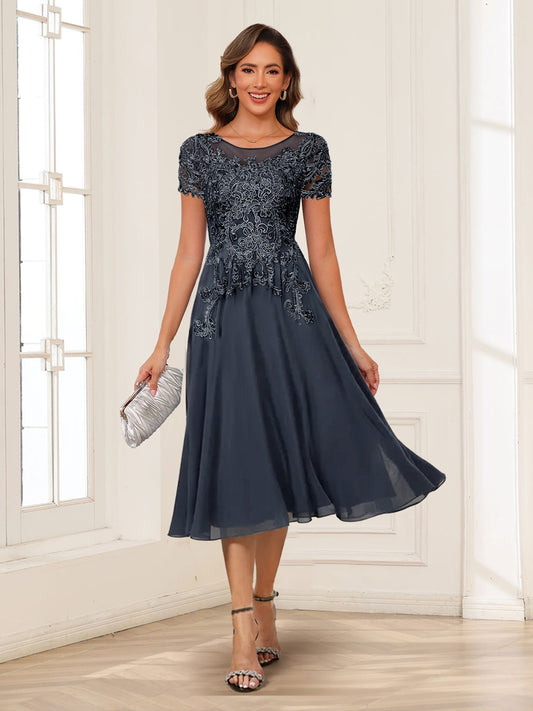 A-Line/Princess Scoop Short Sleeves Chiffon Mother of the Bride Dresses with Applique