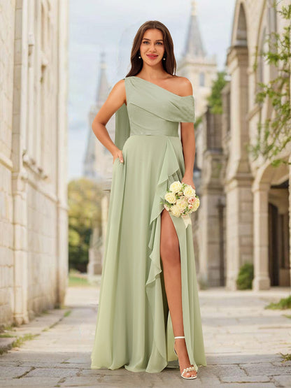 A-Line/Princess Asymmetrical One-Shoulder Long Bridesmaid Dresses with Split Side