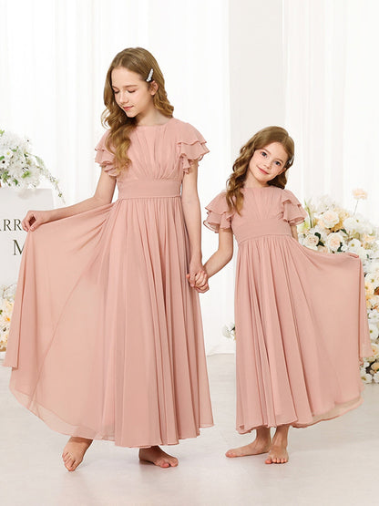 A-Line/Princess Chiffon Short Sleeves Scoop Neck Ankle-Length Flower Girl Dresses