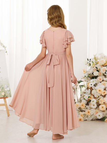 A-Line/Princess Chiffon Short Sleeves Scoop Neck Ankle-Length Flower Girl Dresses