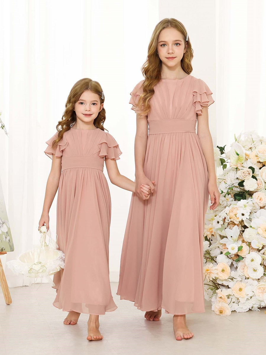 A-Line/Princess Chiffon Short Sleeves Scoop Neck Ankle-Length Flower Girl Dresses