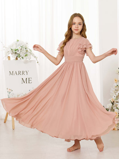 A-Line/Princess Chiffon Short Sleeves Scoop Neck Ankle-Length Flower Girl Dresses