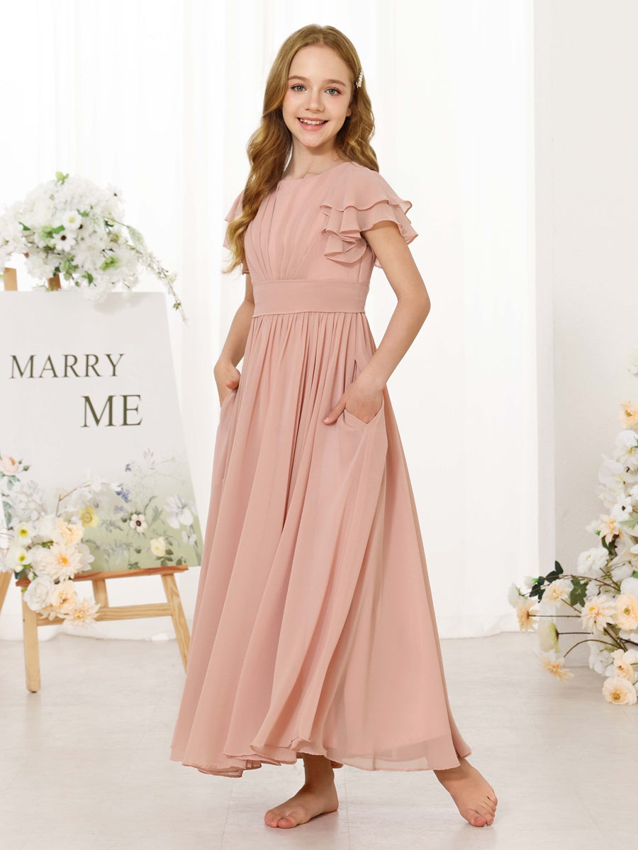 A-Line/Princess Chiffon Short Sleeves Scoop Neck Ankle-Length Flower Girl Dresses