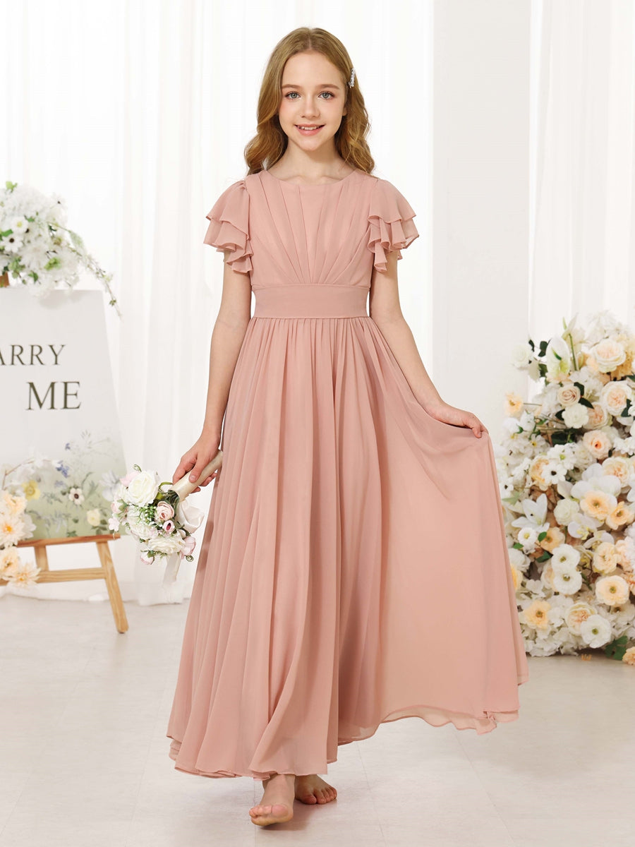 A-Line/Princess Chiffon Short Sleeves Scoop Neck Ankle-Length Flower Girl Dresses