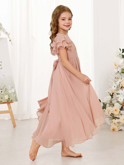 A-Line/Princess Chiffon Short Sleeves Scoop Neck Ankle-Length Flower Girl Dresses