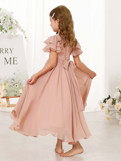 A-Line/Princess Chiffon Short Sleeves Scoop Neck Ankle-Length Flower Girl Dresses