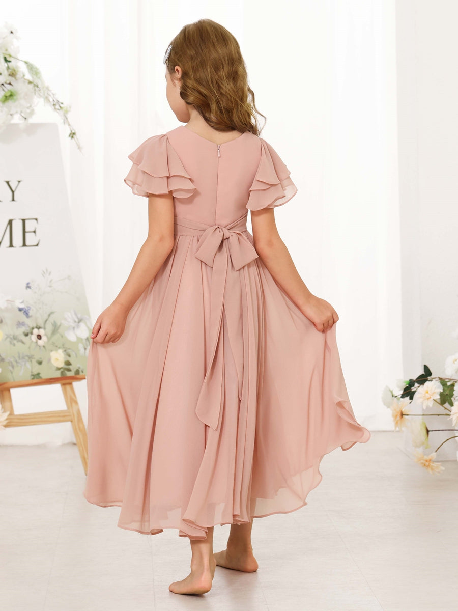 A-Line/Princess Chiffon Short Sleeves Scoop Neck Ankle-Length Flower Girl Dresses