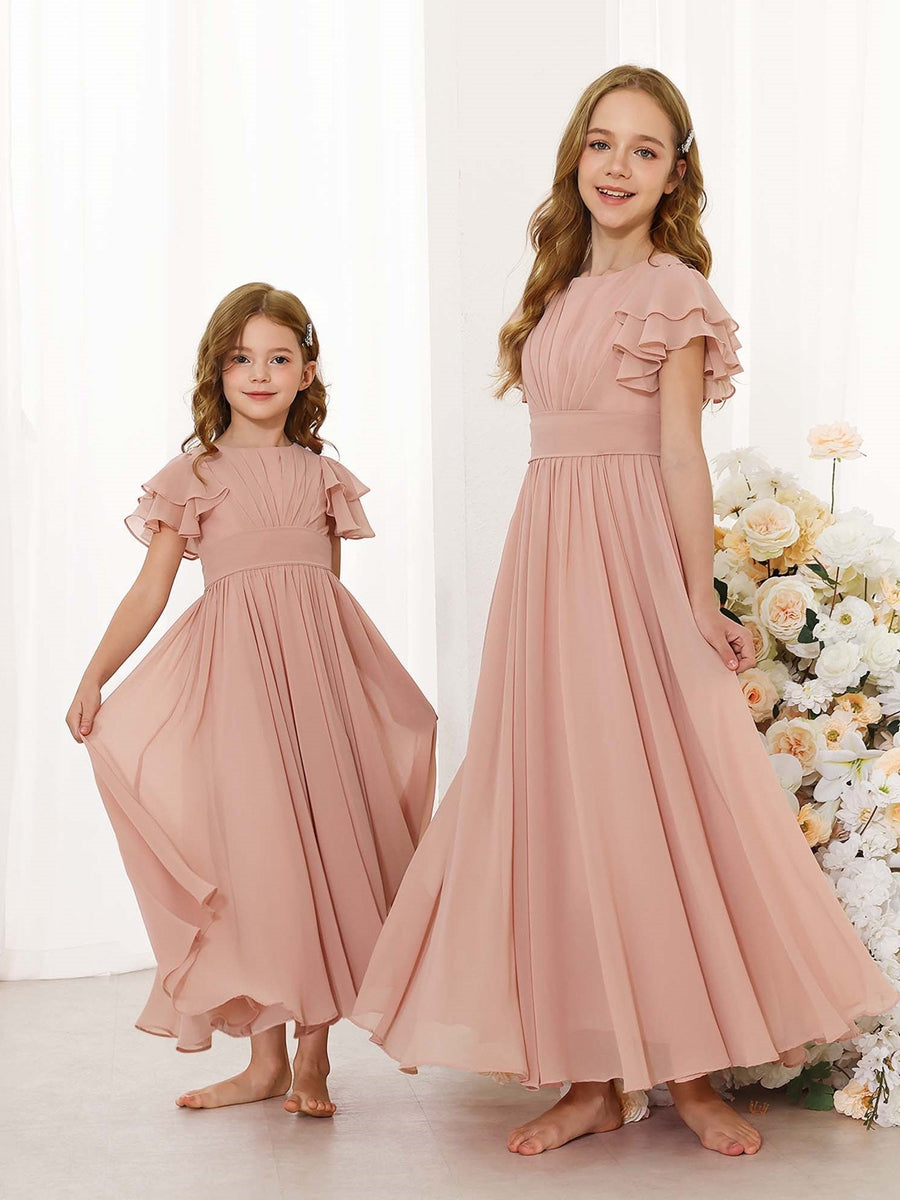 A-Line/Princess Chiffon Short Sleeves Scoop Neck Ankle-Length Flower Girl Dresses