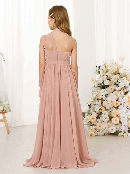 A-Line/Princess Chiffon Sleeveless One-Shoulder Floor-Length Junior Bridesmaid Dresses