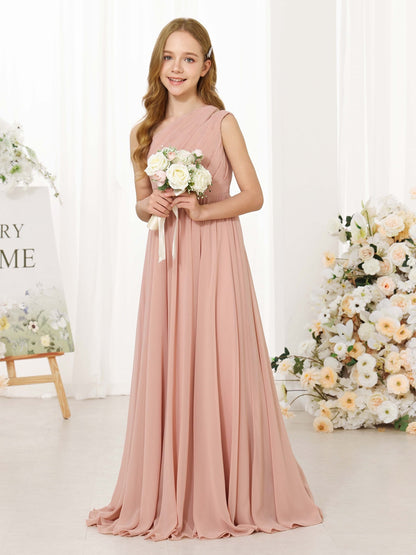 A-Line/Princess Chiffon Sleeveless One-Shoulder Floor-Length Junior Bridesmaid Dresses