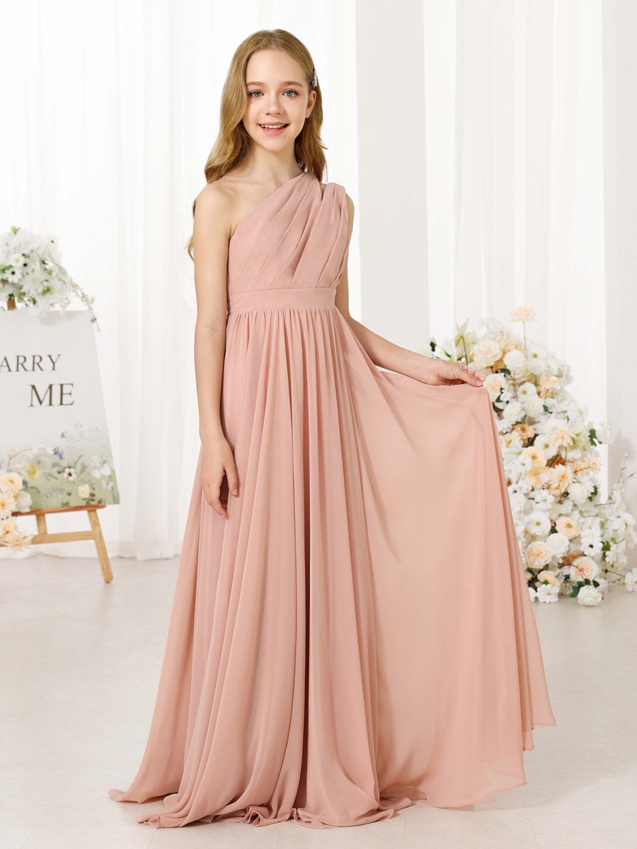 A-Line/Princess Chiffon Sleeveless One-Shoulder Floor-Length Junior Bridesmaid Dresses