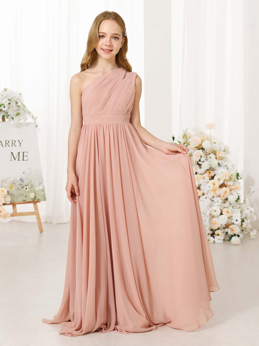 A-Line/Princess Chiffon Sleeveless One-Shoulder Floor-Length Junior Bridesmaid Dresses