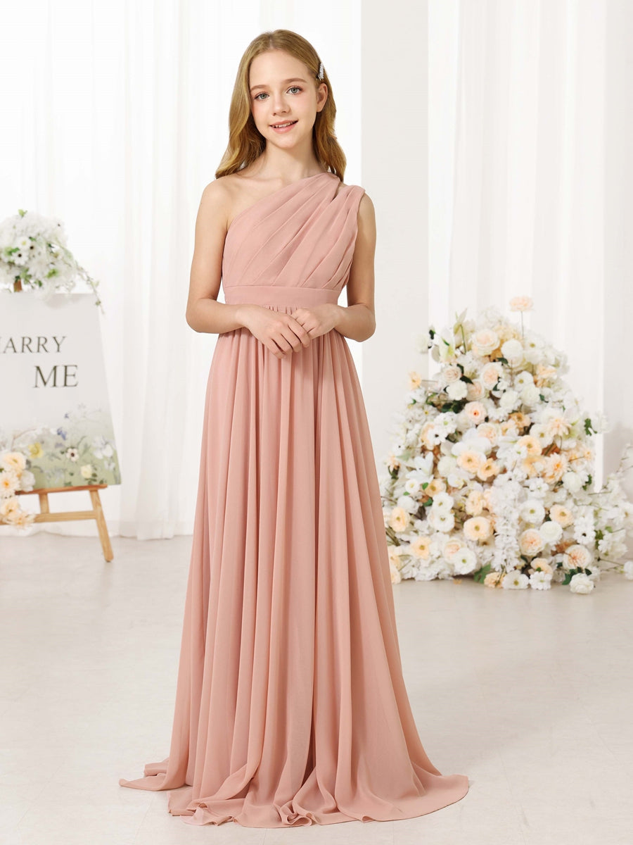 A-Line/Princess Chiffon Sleeveless One-Shoulder Floor-Length Junior Bridesmaid Dresses