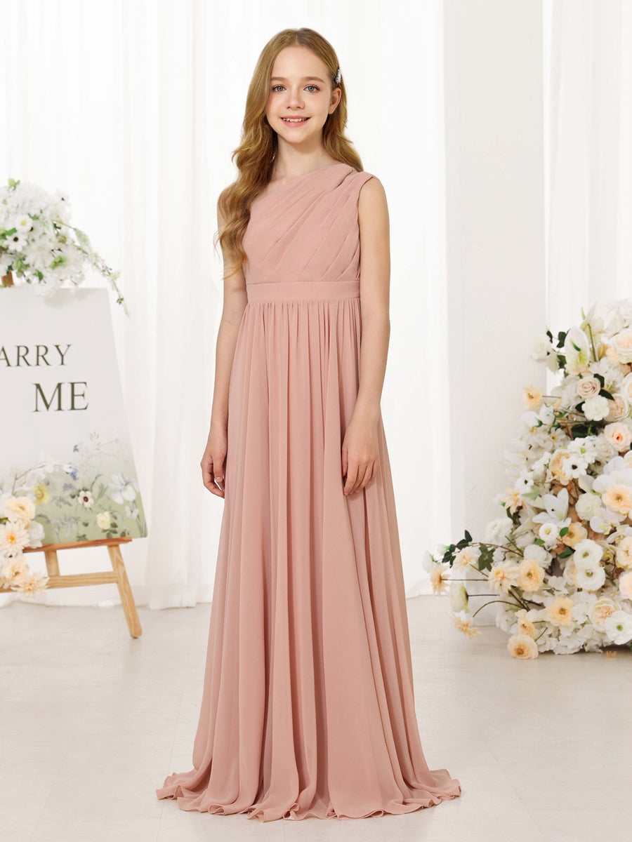 A-Line/Princess Chiffon Sleeveless One-Shoulder Floor-Length Junior Bridesmaid Dresses