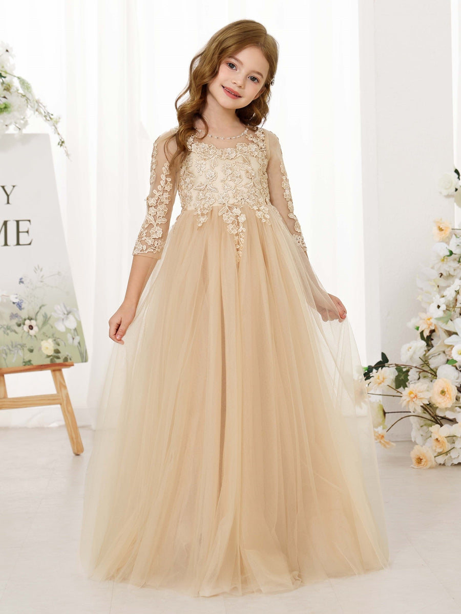 A-Line/Princess Lace 3/4 Sleeves Scoop Neck Floor-Length Flower Girl Dresses