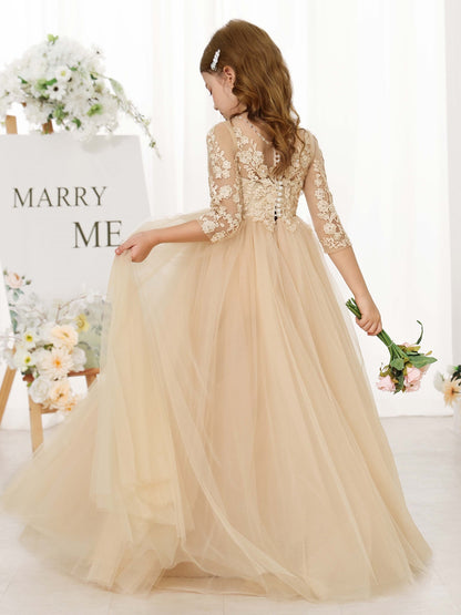 A-Line/Princess Lace 3/4 Sleeves Scoop Neck Floor-Length Flower Girl Dresses