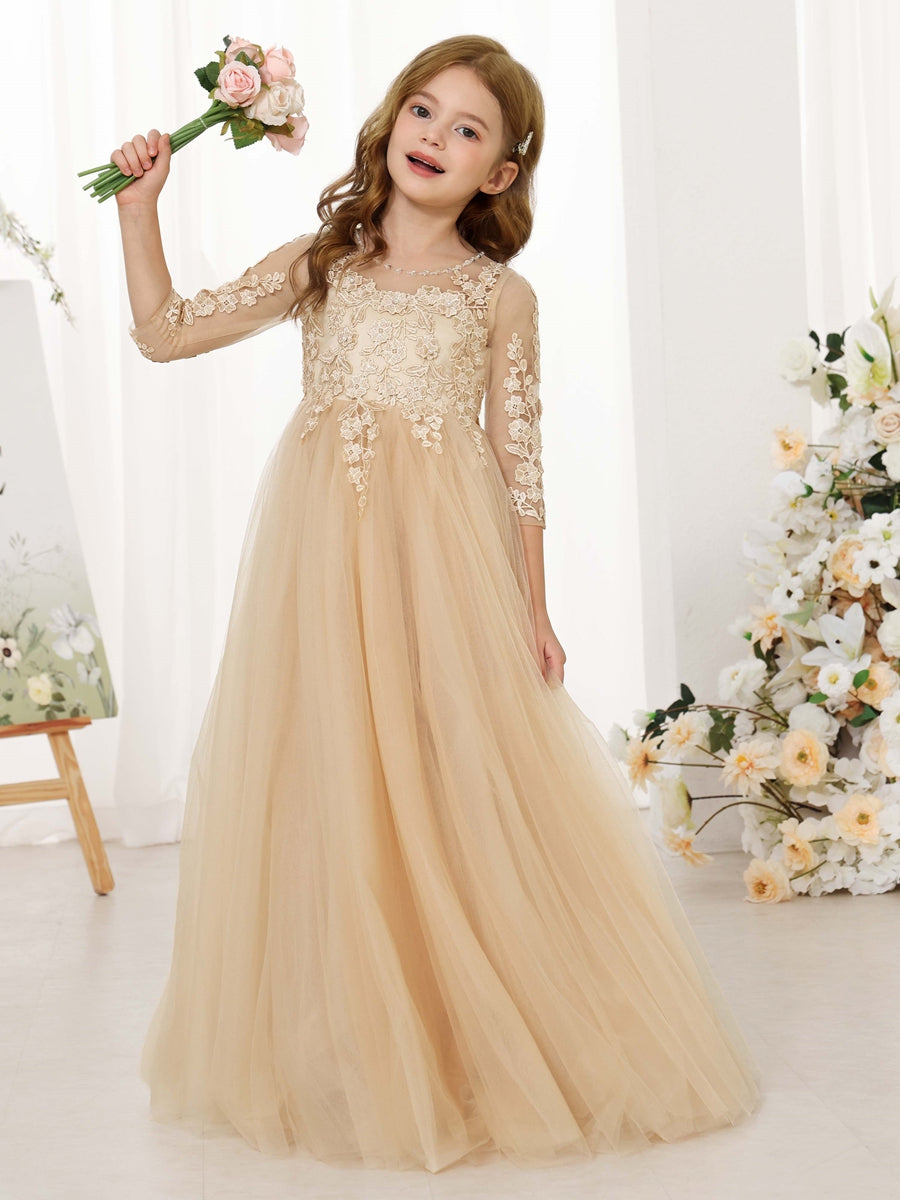 A-Line/Princess Lace 3/4 Sleeves Scoop Neck Floor-Length Flower Girl Dresses