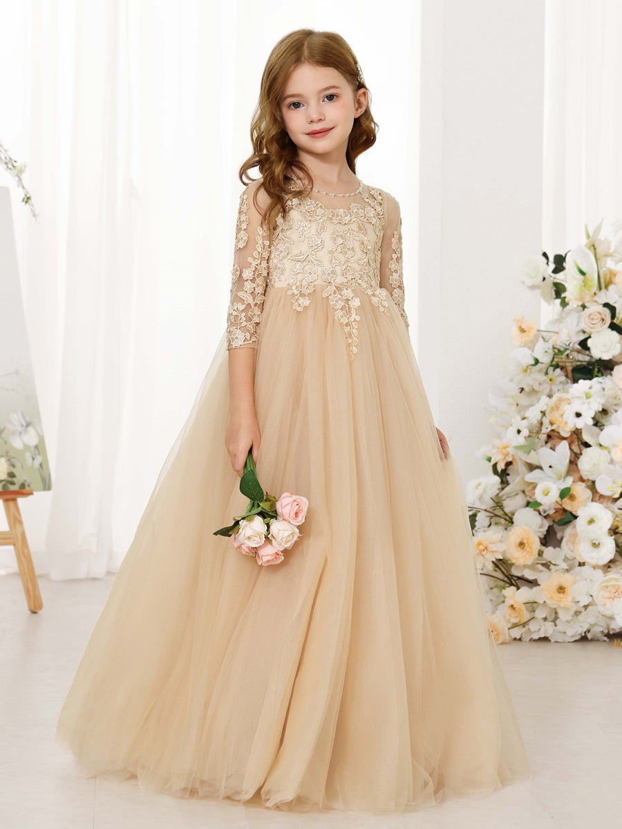 A-Line/Princess Lace 3/4 Sleeves Scoop Neck Floor-Length Flower Girl Dresses