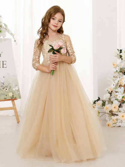 A-Line/Princess Lace 3/4 Sleeves Scoop Neck Floor-Length Flower Girl Dresses