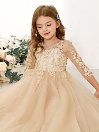 A-Line/Princess Lace 3/4 Sleeves Scoop Neck Floor-Length Flower Girl Dresses