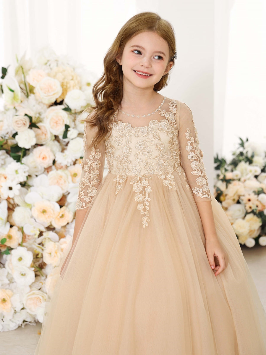 A-Line/Princess Lace 3/4 Sleeves Scoop Neck Floor-Length Flower Girl Dresses