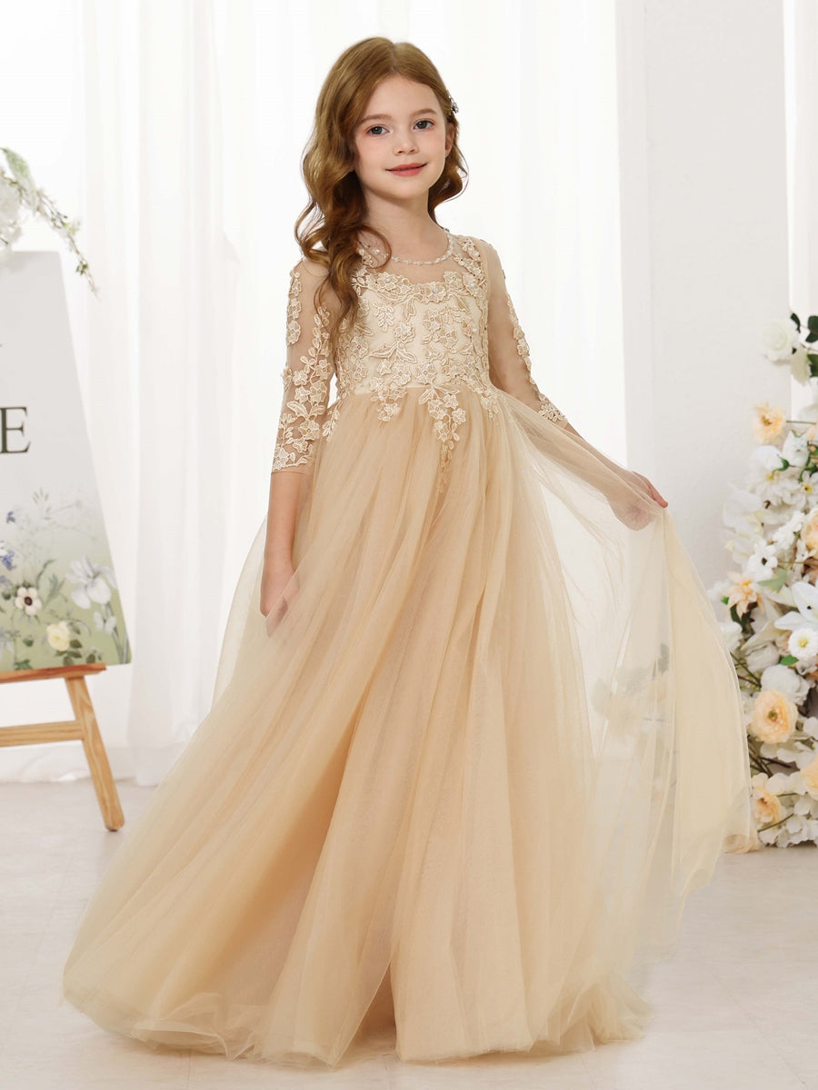 A-Line/Princess Lace 3/4 Sleeves Scoop Neck Floor-Length Flower Girl Dresses